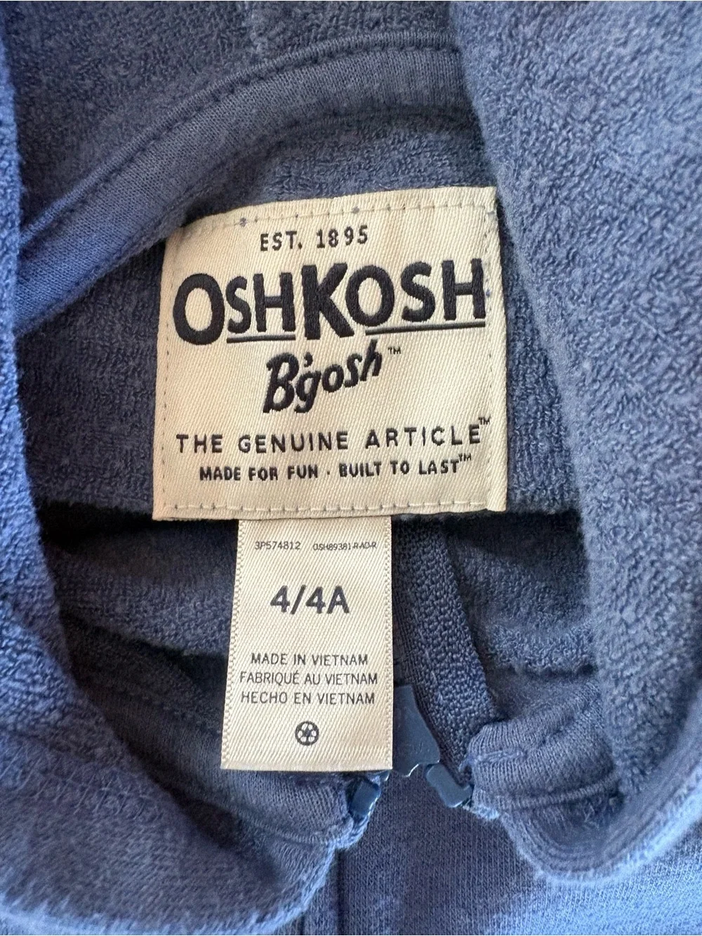 OshKosh B'gosh Navy Hoodie with White Label Detail 4t